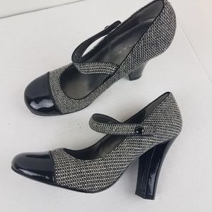 Tahari patented leather and tweed pumps